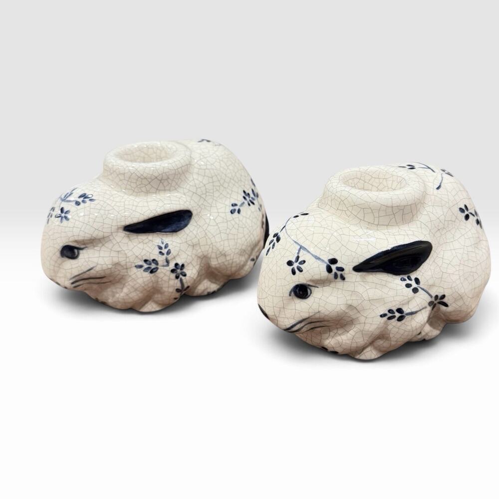 Two Dedham Potting Shed Blue & White Crackle Pottery Rabbit Candle Holders 1998